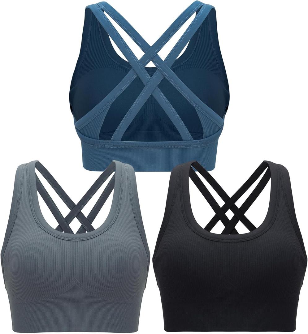 RUNNING GIRL Sports Bra for Women High Support, Criss-Cross Back Padded Strappy Sports Bras Yoga Bra with Removable Cups (Large, 1-black+grey+dark Blue)