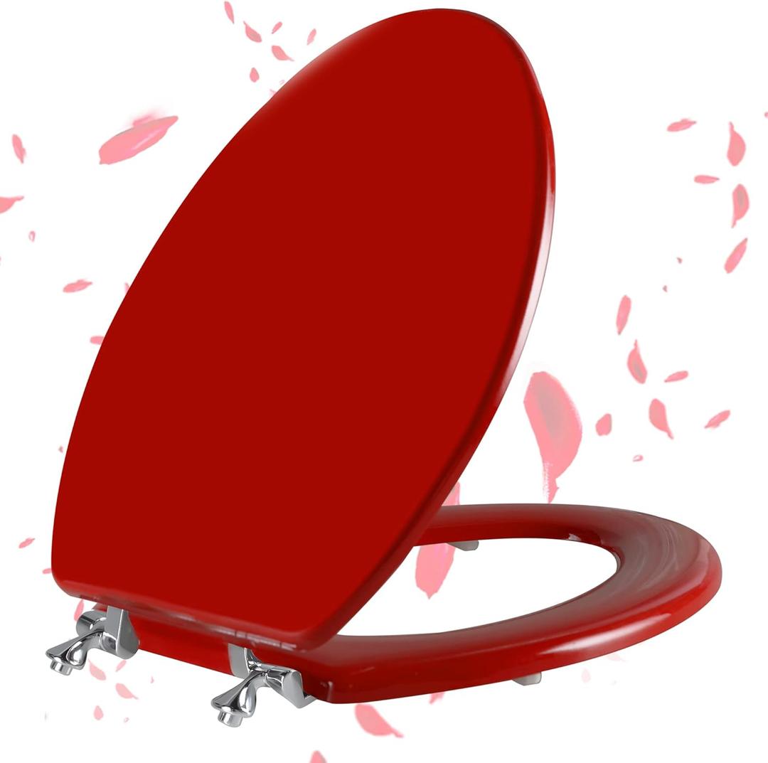 Red Elongated Toilet Seat Natural Wood Toilet Seat with Zinc Alloy Hinges, Easy to Install also Easy to Clean, Scratch Resistant Toilet Seat by Angol Shiold (Elongated, Red)