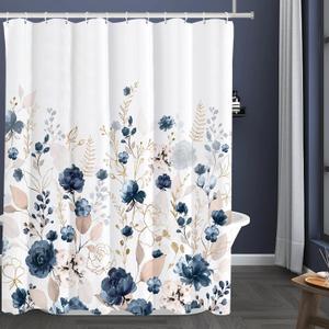 Tititex Aesthetic Navy Blue Floral Shower Curtain Sets, Watercolor Gold Flowers Leaves Bathroom Decorative 60x71 Inch Polyester Waterproof Fabric Bath Curtain with Hooks