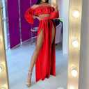 Women's Sheer Mesh Chiffon Double Slit Cover Up Skirt Rave Festival Costume Swim Beach Flowy Long Maxi Skirts Red (M)