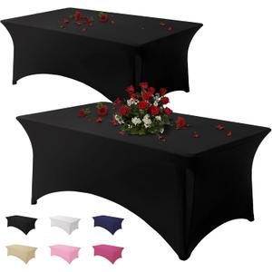 Table Cloth 2 Pack Black 6FT Spandex Tablecloth for Rectangle Fitted Table Cloths Stretch Covers Washable Wrinkle Free Tablecloths for Festival Camping Picnic Wedding Party