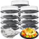 Tessco for you 12 Pack Heavy Duty Repeatedly Plastic Serving Tray with Lid and 24 Pcs Deli Wax Paper Sheets Sets Large Party Platters with Clear Lids Stackable Round Food Serving Trays(Black,12inch)
