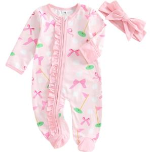 Newborn Baby Girl Golf Outfit Bow Golf Romper Long Sleeve Footed Zipper Jumpsuit Infant Fall One Piece Clothes (0-3 Months, Pink)