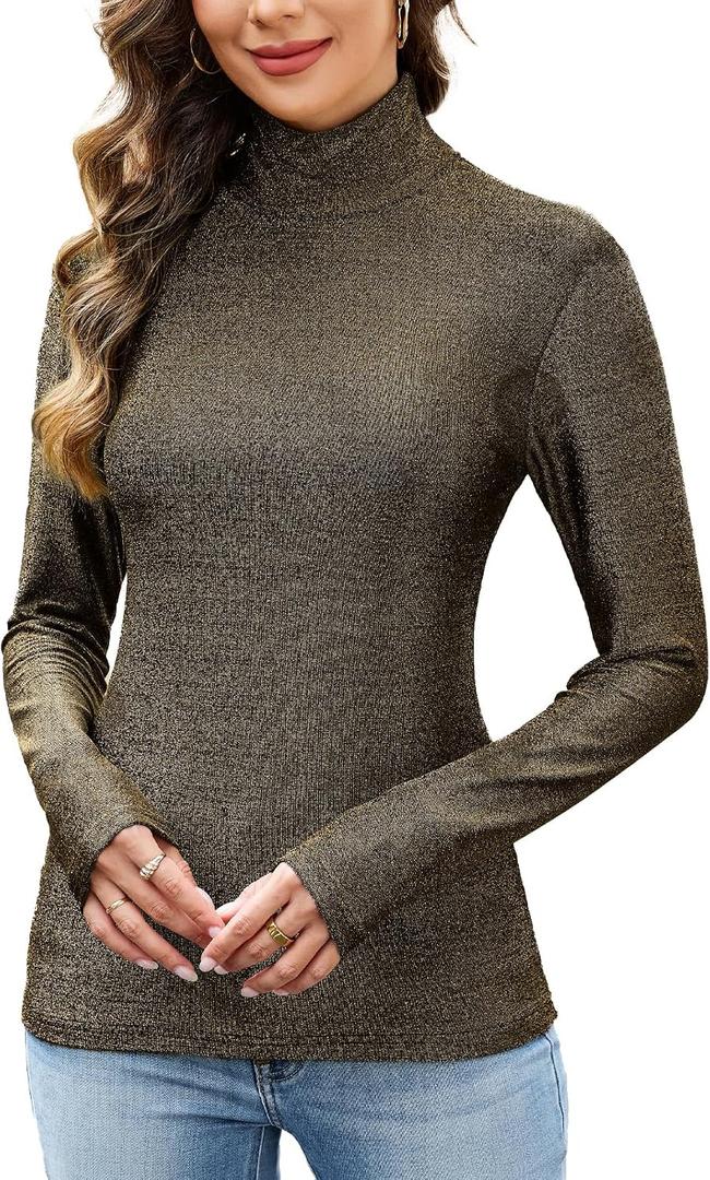 Sparkly Tops for Women, Turtleneck Long Sleeve Slim Fit Glitter Tee Blouse Tops (Gold, L)