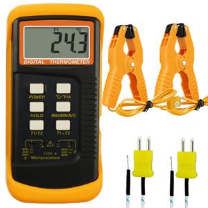 K Type Thermocouple Thermometer Dual Channels Thermocouple Tester (-58~2372F) High Accuracy Temperature Kelvin Scale Meter with 2X Temperature Clamp & 2X Pipe Thermocouple Probes