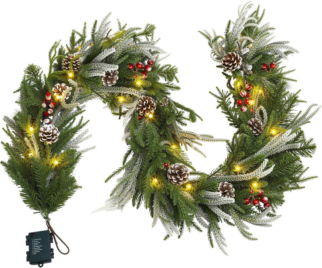 VIHOSE 6 FT Christmas Garland with Lights, Pre-Lit Artificial Christmas Garland, Flocked Surface with Red Berries Pine Cones for Mantels Stairs Railing Home Xmas Indoor Outdoor Decoration