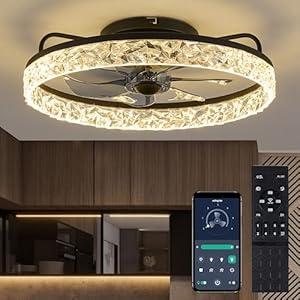 zouzai Ceiling Fans with Lights, 20" Flush Mount Ceiling Fan with Remote & APP Control, Black Low Profile Ceiling Fan, Smart Dimmable LED Ceiling Fan for Bedroom, Classic Crystal Model Black