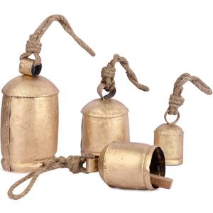 Set of 4 Rustic Cow Bells, Vintage Gold Christmas Large Bells with Jute Rope, Door Hanging Iron Wind Chime Cowbells for Home Decor, Outdoor and Wall Decor (Design 03)