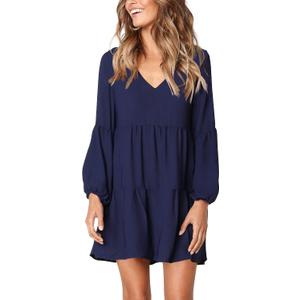 Amoretu Womens Tunic Dress Long Sleeve V Neck Casual Loose Flowy Swing Shift Dresses XL