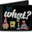 Buckle-Down Men's Standard Nickelodeon Wallet, Bifold, Spongebob Squarepants and Friends Say What Group Pose, Vegan Leather, 4.0" x 3.5"
