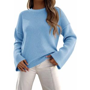 Cicy Bell Womens Oversized Crew Neck Sweater Fall Long Sleeve Knit Tops Trendy Casual Loose Fit Pullover Sweaters (Blue, M)