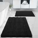 Yimobra Bathroom Rug Set 2 Piece, Soft Absorbent Chenille Bath Mat Set, Non Slip Machine Washable Quick Dry, Plush Shower Rugs for Bathroom Floor Sink Tub and Shower Outside, 32"x20"+24"x17", Black
