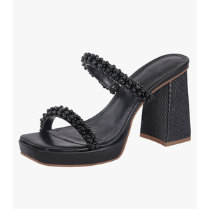 Coutgo Women's Pearl Sandals Platform Chunky High Heels Square Open Toe Strappy Slip On Slides 5