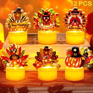 12 PCS Thanksgiving Table Decorations Turkey Tea Lights Candles, Battery Operated Thanksgiving LED Flameless Tealight Candles Thanksgiving Turkey Centerpieces Decorations for Home Indoor Kitchen Party