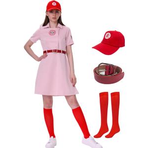 Women's Baseball League Costume Dottie Costume Pink Dress Halloween Cosplay Uniform Set (Small)