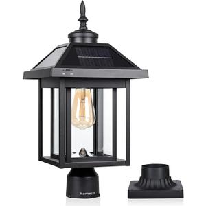 Solar Post Light with Pire Mount Base, Outdoor Dusk to Dawn Waterproof Aluminum Lamp Bright Sandy Colored LED Solar Powered for Pole Pillar Gates Yard Deck Garden Decoration