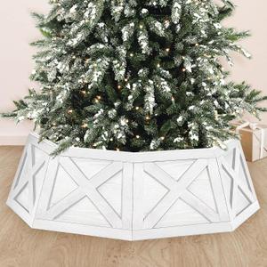 Wooden Christmas Tree Collar, 36'' Extra Large Octagon White Christmas Tree Base Cover Decor for Artificial Tree, Rustic Farmhouse Trapezoid Tree Skirt Alternative for 7.5ft 9ft Trees