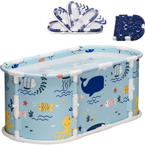 45" Portable Bath Tub No Installation, Foldable Bathtub for Adults, Non-Inflatable Ice Folding Bathubs, Separate Hot SPA Tub for Shower Stall, Family Soaking Baths (Ocean Fish Pattern)
