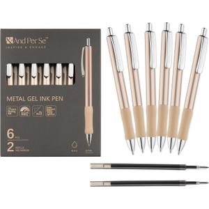 2 x &And Per Se Premium Champagne Gold Metal Gel Pens, 6 Pack with 2 Extra Refills, 0.7mm Medium Point Black Ink Quick-Dry No-Smudge Luxury Writing Pens for Office, Executive Gifts, Weddings Occasions