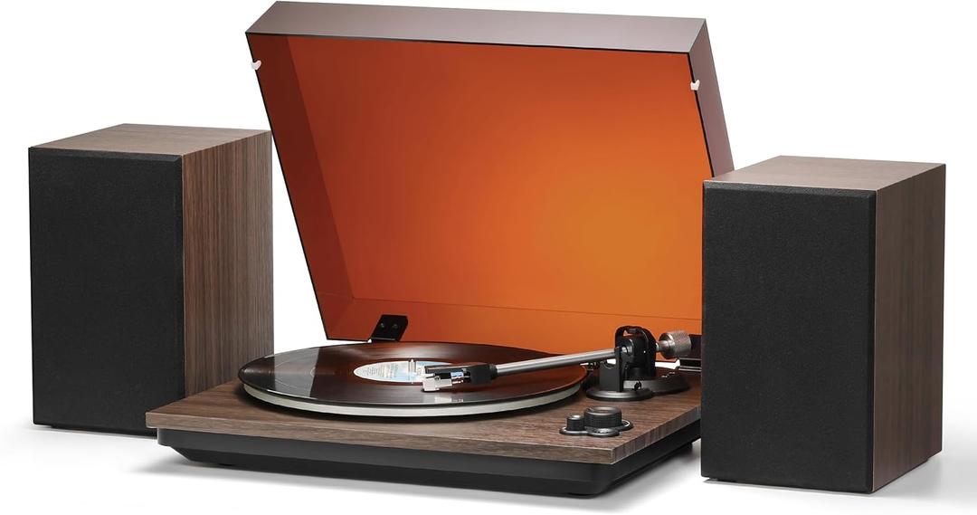 Vinyl Record Player with AT-3600L Cartridge & 60W Speakers, 2-Speed Belt-Drive Turntable, Built-in Phono Preamp, BT Output Input & AUX-in, Auto Stop