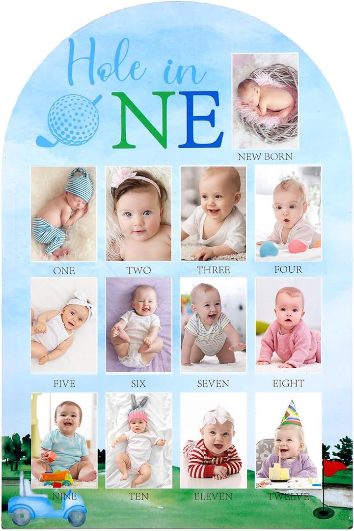 JarThenaAMCS Hole In One Party Photo Decoration Golf 12 Monthly Milestone Board Blue Green Photo Display Wood Board for Nursery First Birthday Decor Baby Keepsake, 25.6 x 17.1 x 0.2 In
