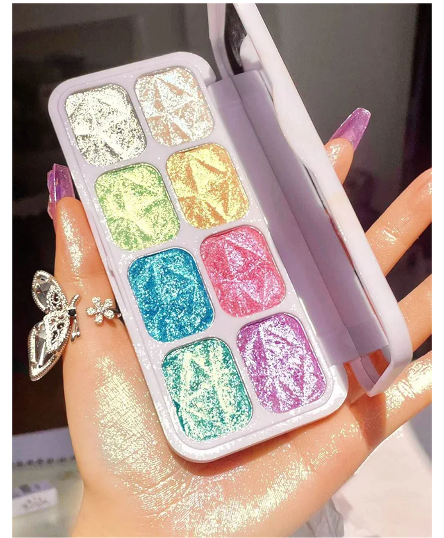 8 Color Face Cheek Highlighter Makeup Palette Shimmer Glitter Iridescent Multichrome Holographic Eyeshadow Palette Purple Rainbow Glitter Highlighter Makeup Highlight and Contour Chrome Eye Make up