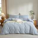 Duvet Cover Full Size Blue White Striped Duvet Cover Set Washed Cotton Linen Feel Chic Bedding Set for All Seasons Breathable Durable Textured (Wide Striped QLBT)