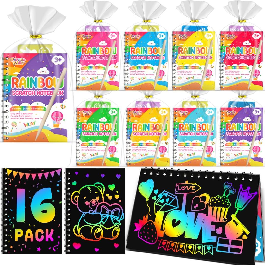 Valentines Day Party Favors for Kids: 16 Pack Rainbow Scratch Art Notebook Students Classroom Gifts Bulk for Girls Boys Goodie Bags Stuffers, Valentines Day Card for Classroom Exchange