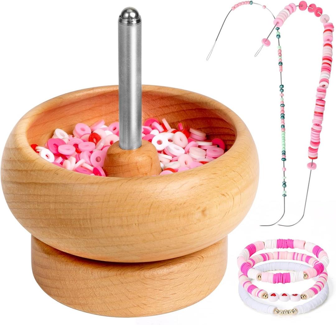 Tilhumt Bead Spinner for Jewelry Making, Effortless Rotating Wooden Clay Bead Spinner with 2 Big Eye Beading Needles and 3000 Seed Beads, Beading Supplies for Making Waist, Bracelets, Necklace