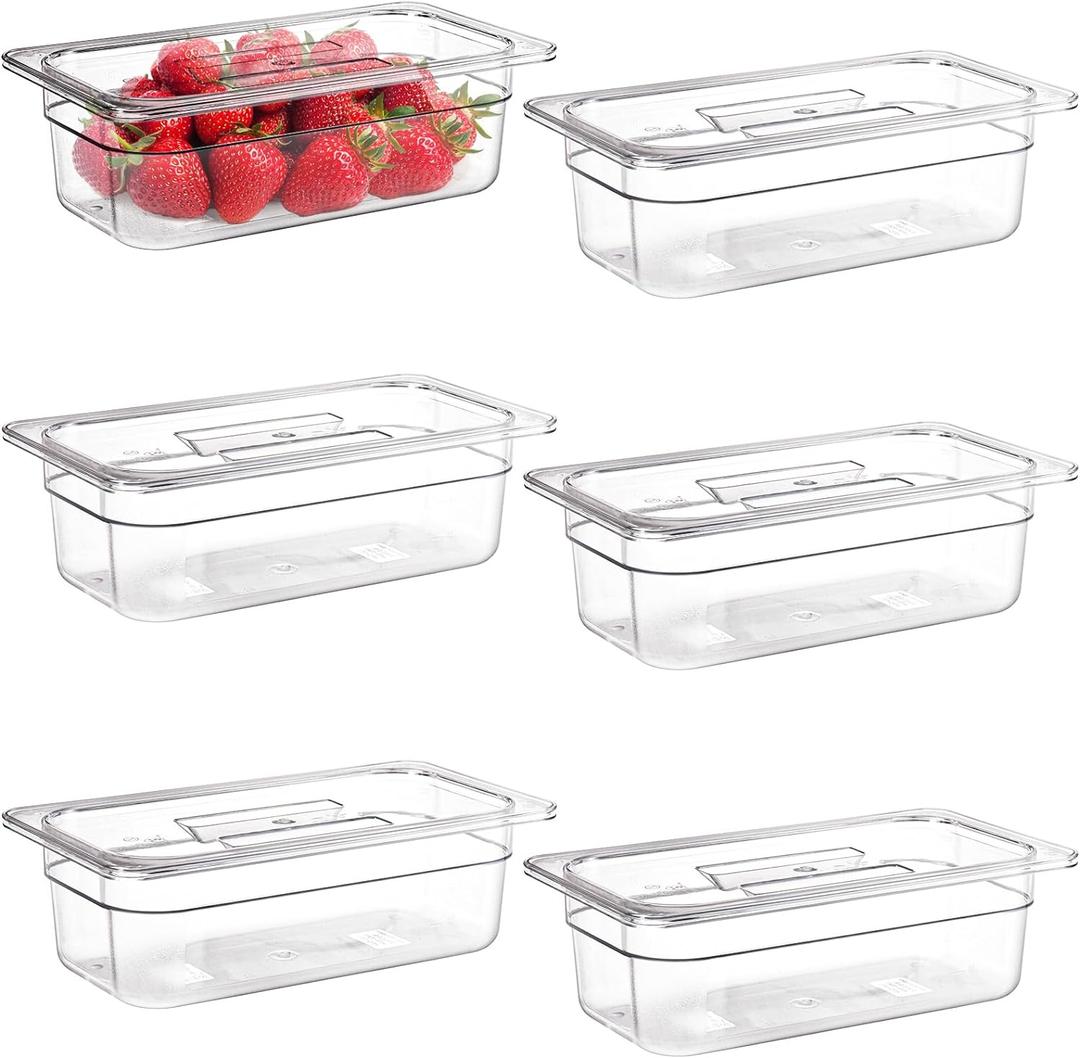 Bekith 6 Pack Plastic Clear Food Pans with Lids, 1/3 Size 4 Inch Deep Stackable Commercial Polycarbonate Pans for Kitchen Restaurant Food Prep, Freezer-Safe