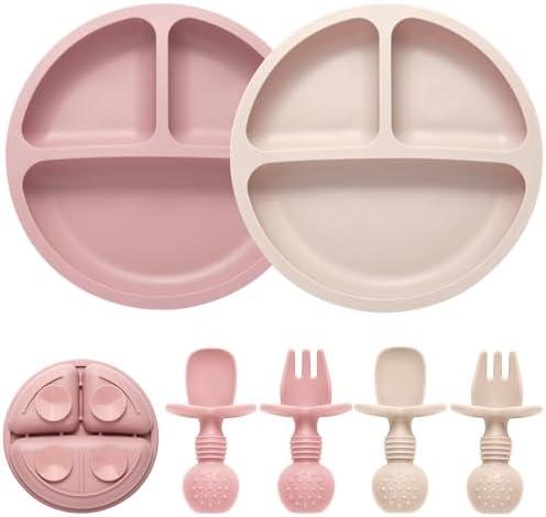Eascrozn Silicone Feeding Set, Pack of 2 Divided Toddler Plates with Suction, 2 Pack Utensils - Spoons & Forks, BPA Free, Baby Led Weaning Supplies