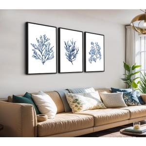 Large Framed Coral Wall Art, Navy Blue Coastal Ocean Life Prints, 24"x36"x3, 24" X 36" X 3pcs Framed