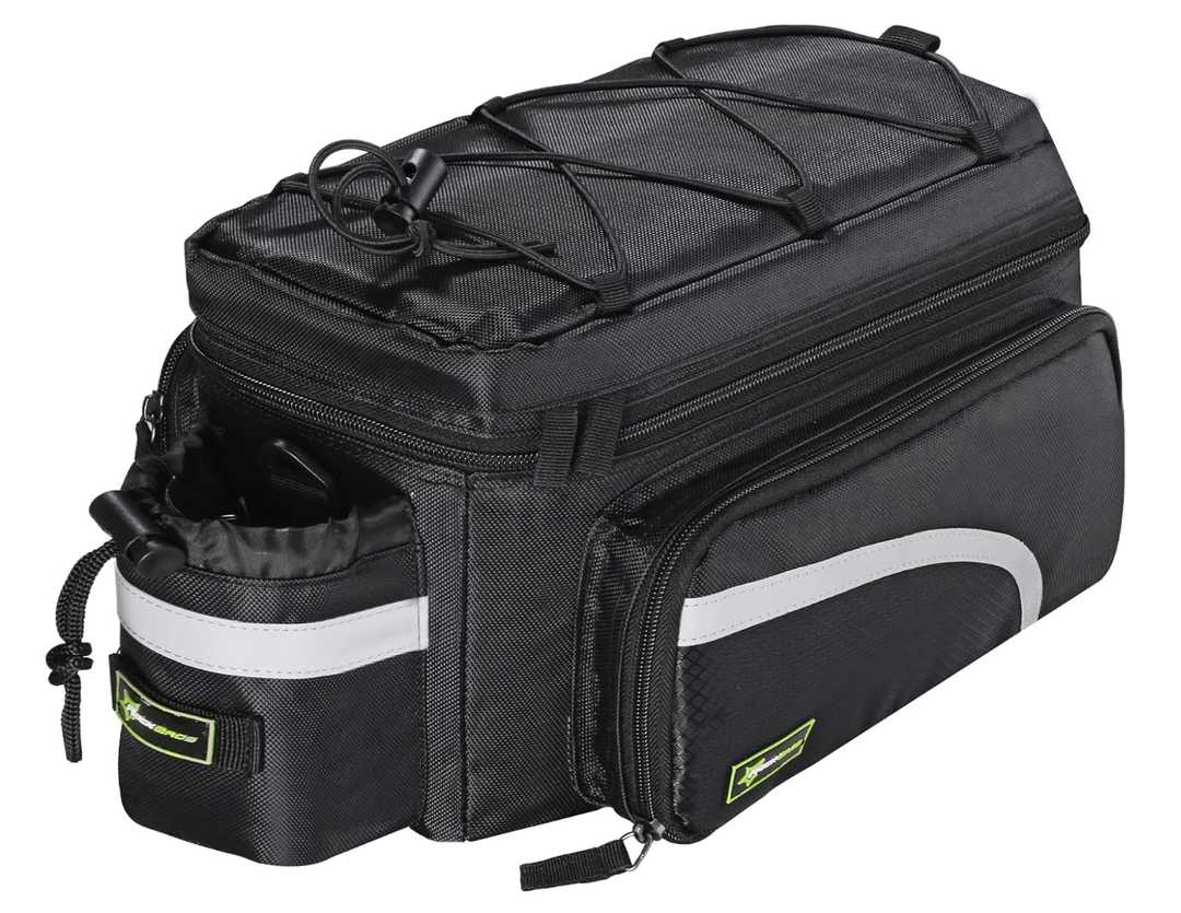 ROCKBROS Bike Trunk Bag 13L-25L Bike Rear Rack Bag Expandable Side Pockets
Include Rain Cover,Two Removable Dividers, 4-Strap Stable Mount No Slide,Reflectors,Compatible with Taillight