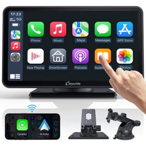 Carpuride Portable Wireless CarPlay Screen for Car- 7 Inch Car Play Screen Compatible with Android Auto and Apple CarPlay - Multimedia Player, Bluetooth, Navigation Screen for All Vehicles