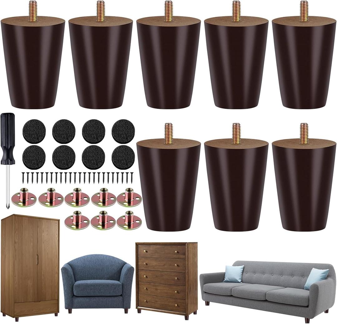 TURSTIN 8 Pieces Furniture Legs 3 Inches Round Solid Wood Furniture Feet with M8 T-Nuts Couch Legs Sofa Leg Replacement Leg for Armchair, Cabinet, Chair, Dresser or Home DIY Projects, Brown