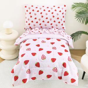 Toddler Bedding Set, 4 Piece Bed-in-a-Bag Toddler Bed Comforter Sets for Girls, Toddler Bed Set, Prink Strawberry Printed, Machine Washable