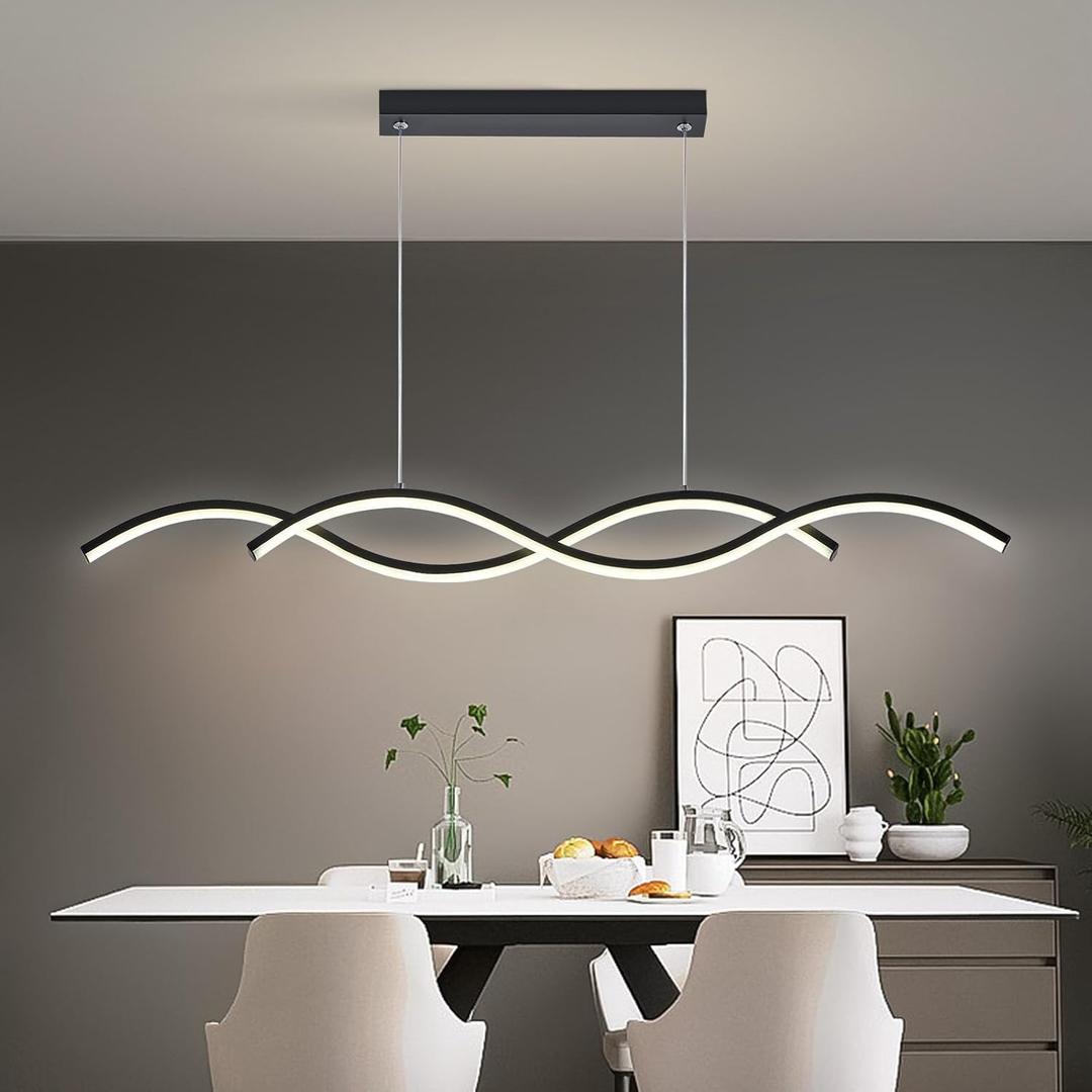 Modern LED Chandelier 31.49in Waving Linear Pendant Light Dimmable 3000K-6000K with Remote Control Hanging Island Light Fixture for Dining Room Living Room (Black)