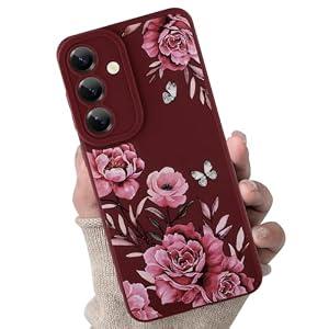 Alorusv for Samsung Galaxy S25 Case, Cute Flower Floral Butterfly Design for Women Girls Soft TPU Protective Phone Case Slim Fit Shockproof Phone Cover - Wine Red Rose