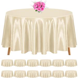 12 Pack 120 Inch Round Tablecloth, Champagne Satin Fabric Table Cloth for Round Table, Wrinkle Resistant Washable Table Cover Bright Silk Table Clothes for Wedding Party Dining Table Banquet