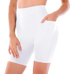 Ipletix Biker Shorts with Pockets for Women - 6'' High Waisted Womens Yoga Gym Athletic Running Workout Shorts White S/M