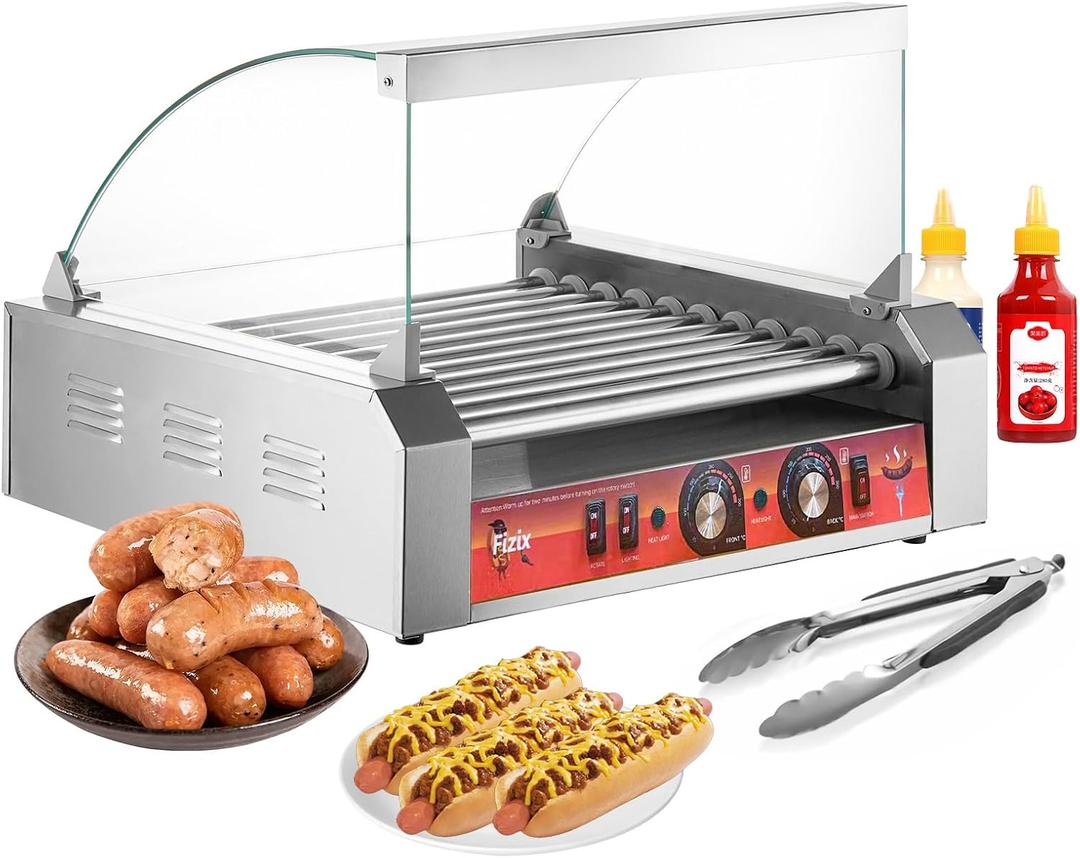 Rodillos de perritos calientes de 1700 W, capacidad de 30 perritos calientes 11 rodillos de acero inoxidable antiadherentes,Mquina de perros calientes con cubierta de polvo, mquina de rodillos para (plateado)