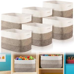 Geetery 6 Pack Storage Baskets for Organizing 14.8'' x 9.8'' x 8.9'' Woven Basket for Storage Cotton Rope Organizer Bins with Handle for Gifting Nursery Classroom Playroom(Dark Brown)