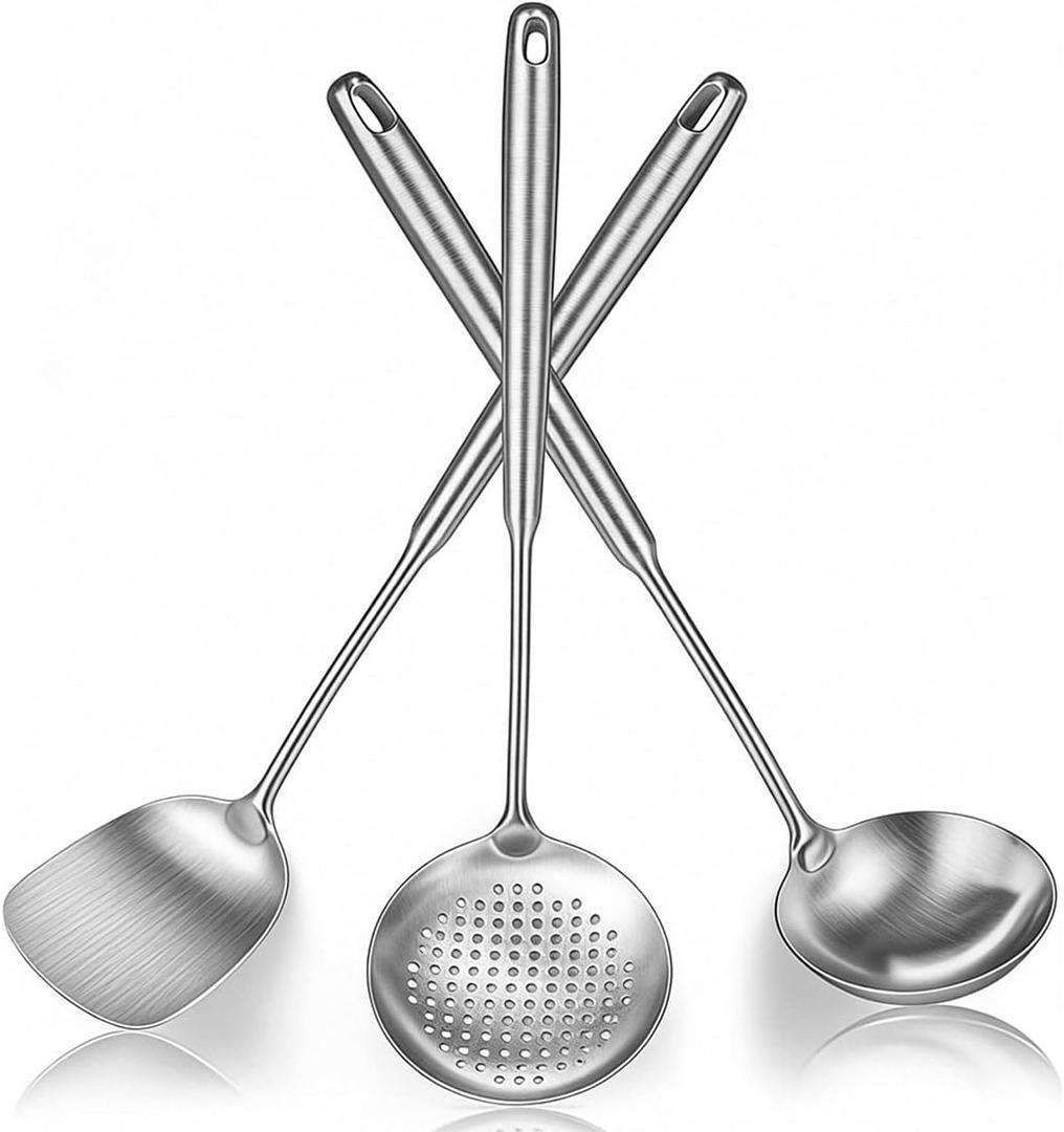 Berglander Wok Spatula Set, Stainless Steel Kitchen Cooking Utensils  17" Wok Tools: Spatula, Ladle, Skimmer