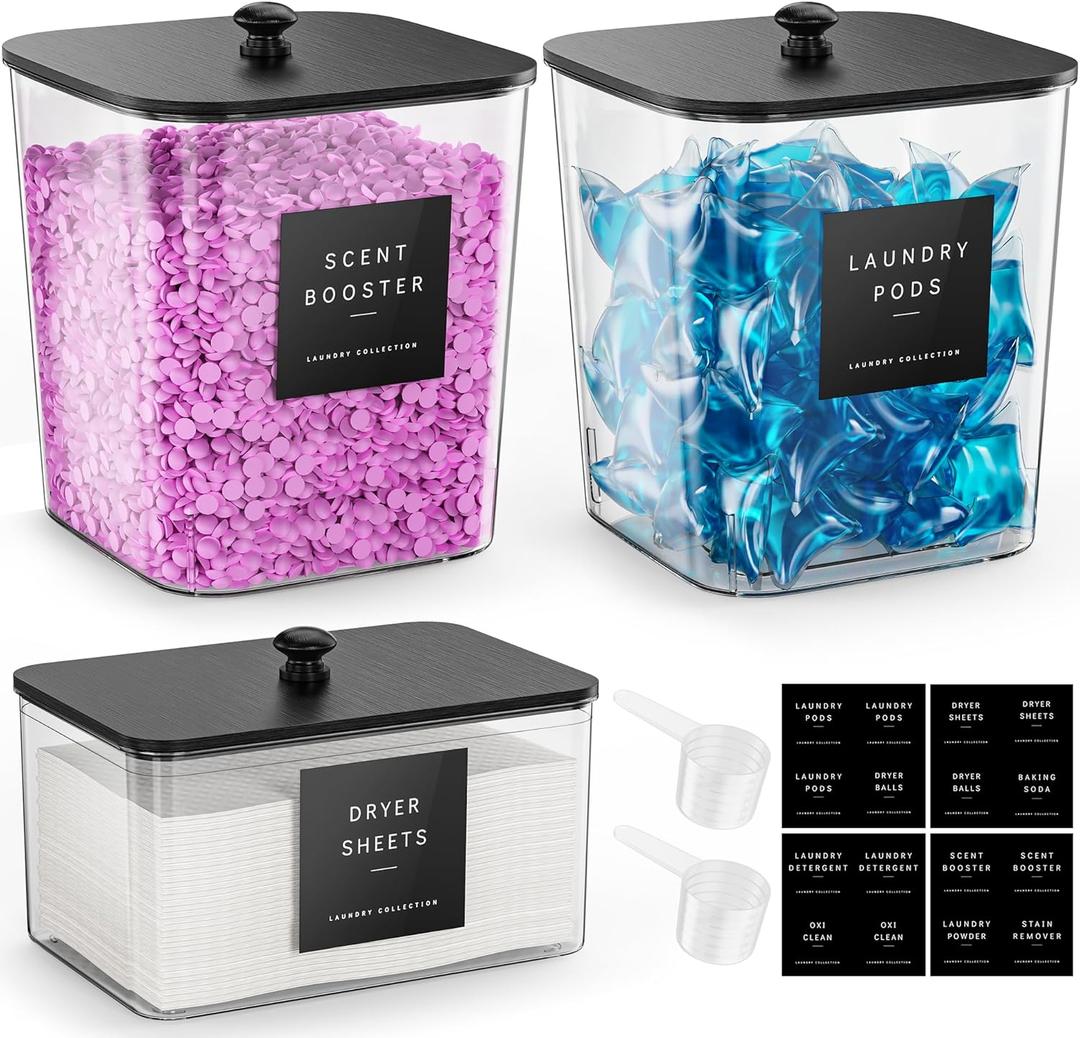 Moforoco 3 Pack Laundry Pods Container, Clear Laundry Room Organization Containers,Large Detergent Powder Storage, Black Wooden Lids & Labels, Acrylic Pods Holder