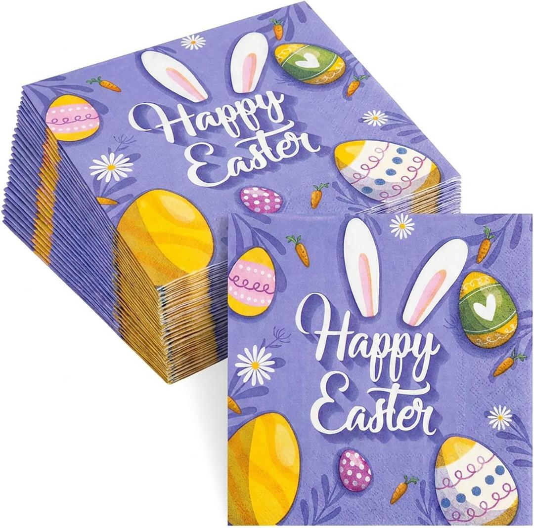 4 x ibohr 50Pcs Easter Napkins, Cute Cocktail Napkins with Eggs & Carrots, 6.5 Inch Disposable Paper Napkins for Easter Party Supplies, Spring Table Decor