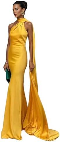 Women's Sexy Satin One Shoulder Backless Sleeveless Maxi Dress with Scarf Elegant Long Formal Evening Dresses Cocktail Gown Wedding Guest Dress Yellow, Size: Medium