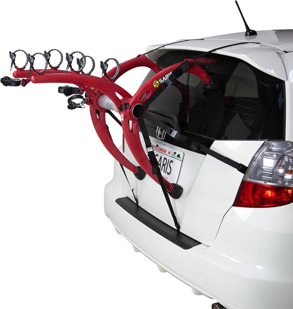 Saris Bones EX Car Trunk Bicycle Rack Carrier, Mounts 3 Bike, Red Sparkle- Durable, Rust-Free, Anti-Sway Straps, Fits Most Vehicles, Made in USA, Arc-Based Design, 100% Recyclable Materials