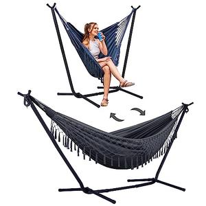 SUNCREAT 2-in-1 Hammocks Convertible Portable Double Hammock with Stand Included, Outdoor Hammock and Stand, Patented, Dark Grey with Tassel