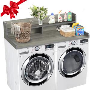 2-Tier Washer Dryer Countertop with 3" H Raised Edge, 54" W x 27.5" D Laundry Countertop Cover with Non-Slip Pad, Washer and Dryer Topper for All Front-loaded, Easy to Install(Gray)