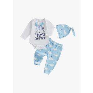 Gueuusu My First Easter Baby Boy Outfit Long Sleeve Bunny Romper Rabbit Long Pants Hat 3Pcs Clothes Set  6-12M